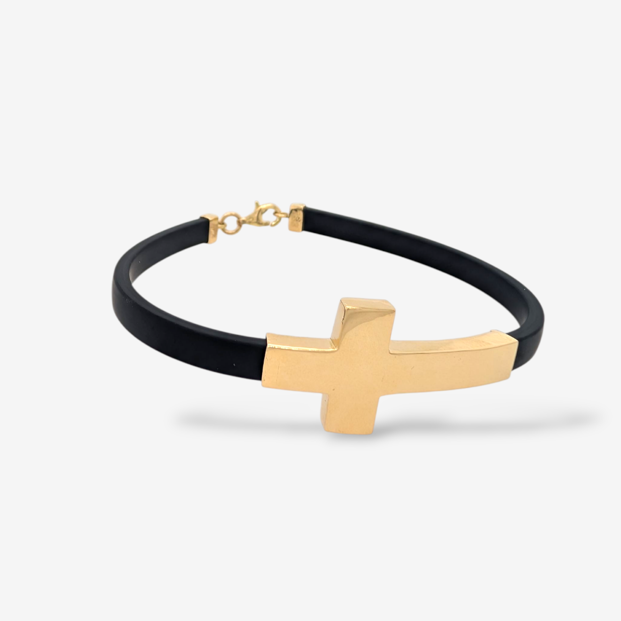 Brazalete (7 mm) Caucho Plano c/ Cruz (20 x 40 mm) & Terminales c/ Cierre Lobster  - Oro Amarillo 18Kts