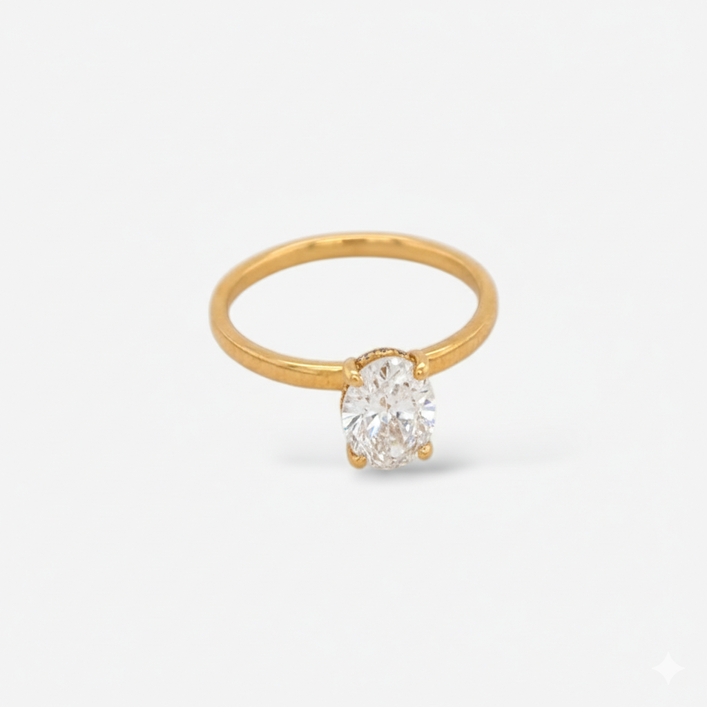 Anillo (1.08 Ct) Compromiso Oval Certificado c/ Halo de Diamantes & 4 Prongs (0.10 Ct) - Oro Amarillo 18Kts