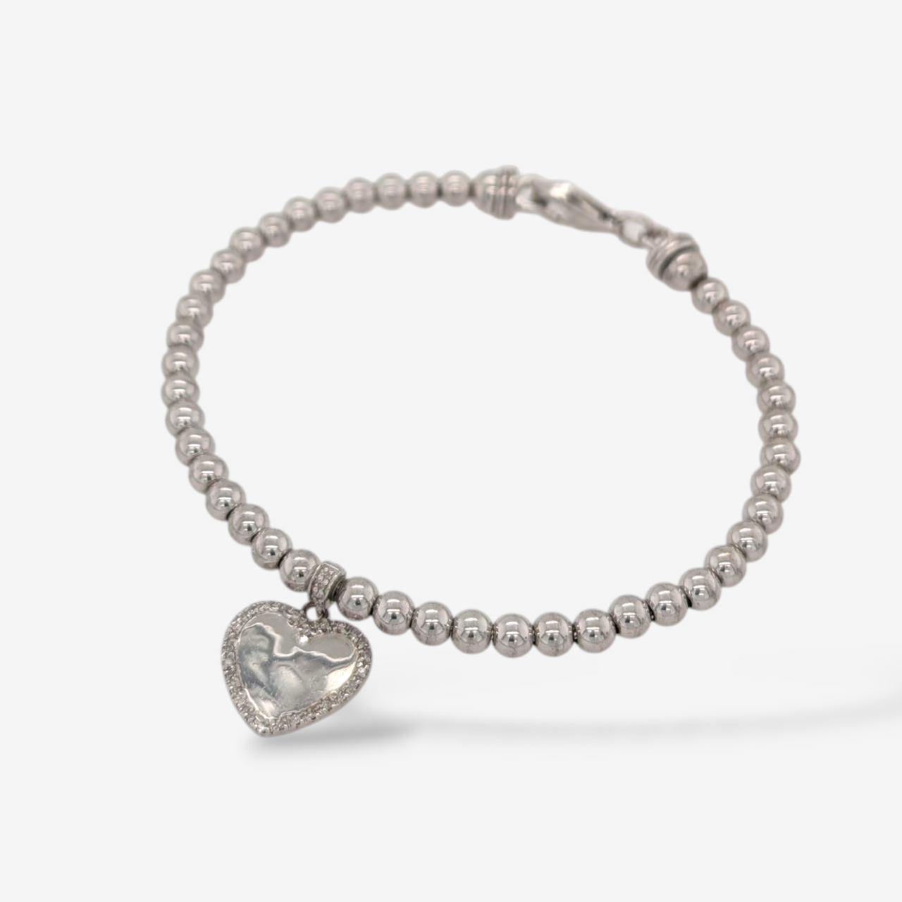Brazalete (#18) Esferas Lisas (4 mm) Corazon c/ Marco Diamantes Pave (0.10 Ct) c/ Cierre Lobster - Plata