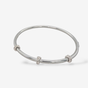 Pulsera (#18) Bangle Tubo Redondo c/ 3 Arandelas & Diamantes Pave 0.06 Ct - Acero