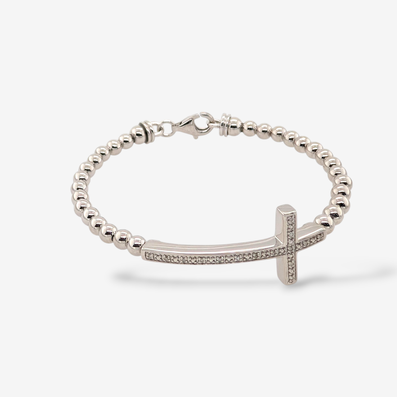 Brazalete (#17) Esferas Lisas (4 mm) Cruz c/ Diamantes Pave (0.05 Ct) & Cierre Lobster - Plata