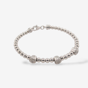 Brazalete (#17) Esferas Lisas (4 mm) & 3 Circulos c/ Diamantes Pave (0.06 Ct) c/ Cierre Lobster  - Plata