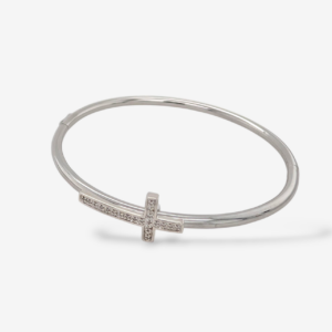 Bangle (#18) Acero c/ Cruz Plata (3 mm) c/ Diamantes Pave (0.08 Ct) - Plata