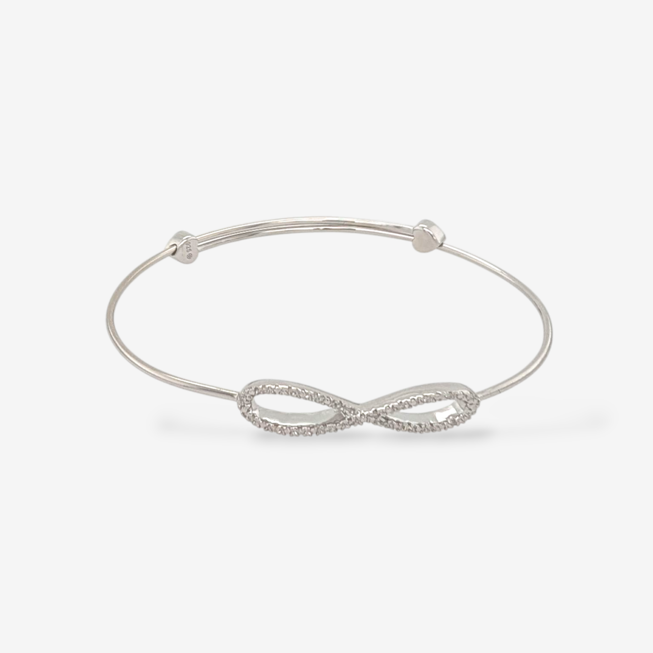 Pulsera (#17) Bangle Ajustable Tubo Macizo (1.30 mm) c/ Infinito Diamantes Pave (0.06 Ct) - Plata