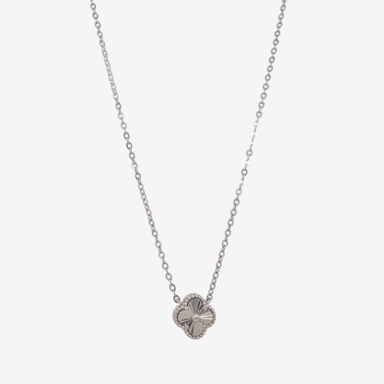 Cadena (45 cm) Fina Cable c/ Trebol Diamantado Borde Pespunteado (9 mm) c/ Cierre Lobster - Plata