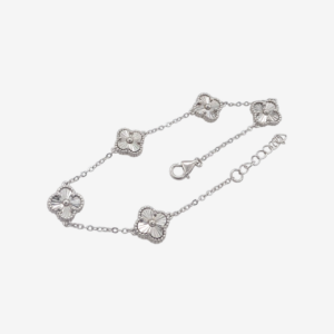 Brazalete (21 cm) Cable c/ 5 Treboles Diamantados Borde Pespunteado (9 mm) c/ Cierre Lobster - Plata