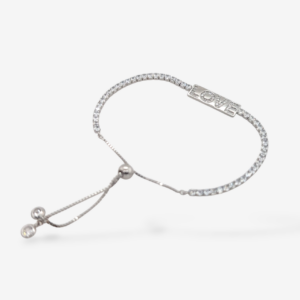 Brazalete (12 cm a 22 cm) Tennis c/ Zircones Ajustable Placa Love c/ Zircones Pave (6 x 19 mm) - Plata