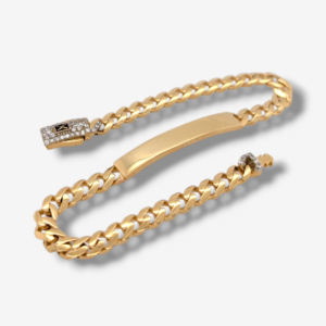 Brazalete (19 cm) Esclava Placa ID Tejido Monaco c/ Zircones Pave (5 x 31 mm) & Cierre Caja - Oro Amarillo 18Kts