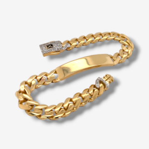 Brazalete (20 cm) Esclava Placa ID Tejido Monaco (8 mm) c/ Zircones Pave & Cierre Caja - Oro Amarillo 18Kts