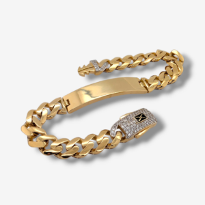 Brazalete (20.5 cm) Esclava Placa ID Tejido Monaco & Zircones Pave (10 x 40 mm) c/ Cierre Caja - Oro Amarillo 18Kts