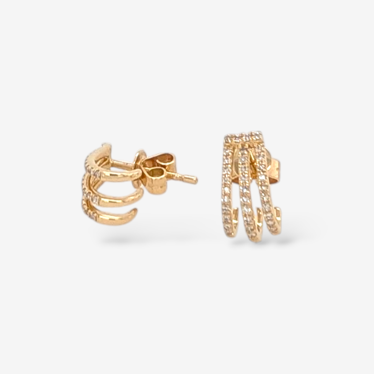 Zarcillos (6 x 10 mm) Post 3 Lineas c/ Diamantes Naturales Pave (0.17 Ct) - Oro Amarillo 14Kts