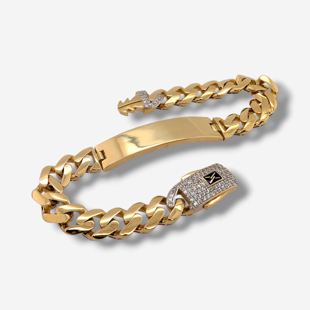 Brazalete (20.5 cm) Esclava Placa ID Tejido Monaco & Zircones Pave (10 x 40 mm) c/ Cierre Caja - Oro Amarillo 18Kts