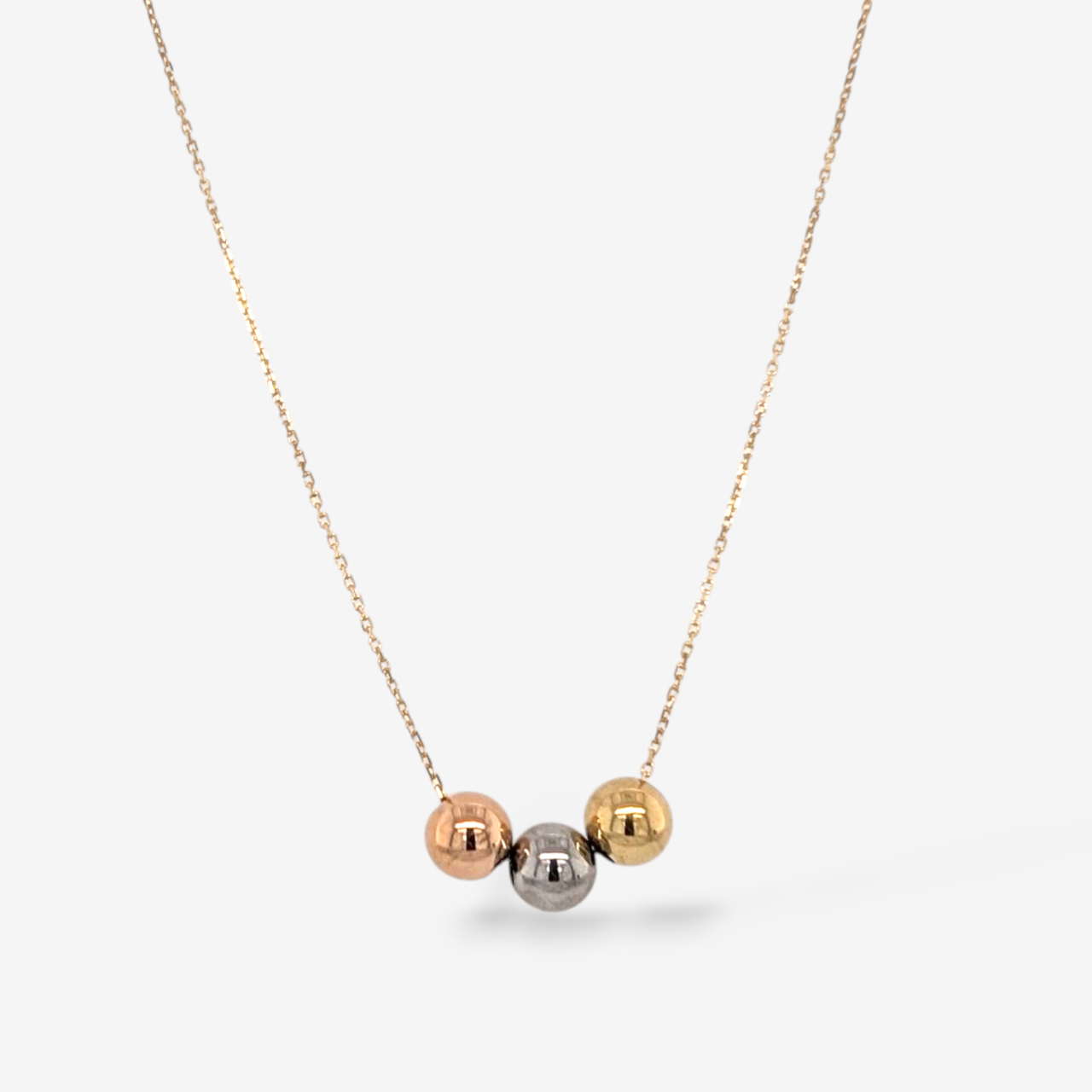 Cadena (42 cm) Fina Cable c/ 3 Esferas (6 mm) & Cierre Spring - Oro Tres Tonos 18Kts