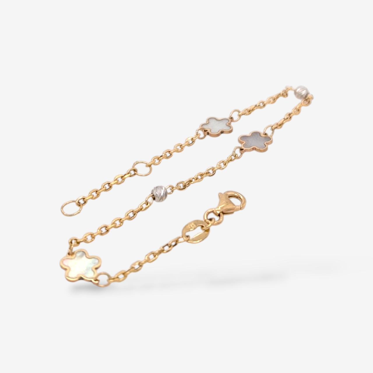Brazalete (17.5 cm) c/ Flores MOP & Esferas Diamantados c/ Cierre Lobster - Oro Dos Tonos 14Kts