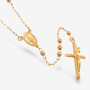 Rosario (70 cm) Esferas Lisas (3 mm) Vitela Milagrosa c/ Crucifijo Pequeno c/ Cierre Lobster - Oro Amarillo 18Kts
