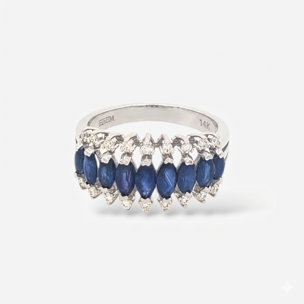 Anillo (1.37 Ct) Cintillo Churumbela Zafiros Azules Marquises c/ 2 Lineas Diamantes 3 Prongs  - Oro Blanco 14Kts