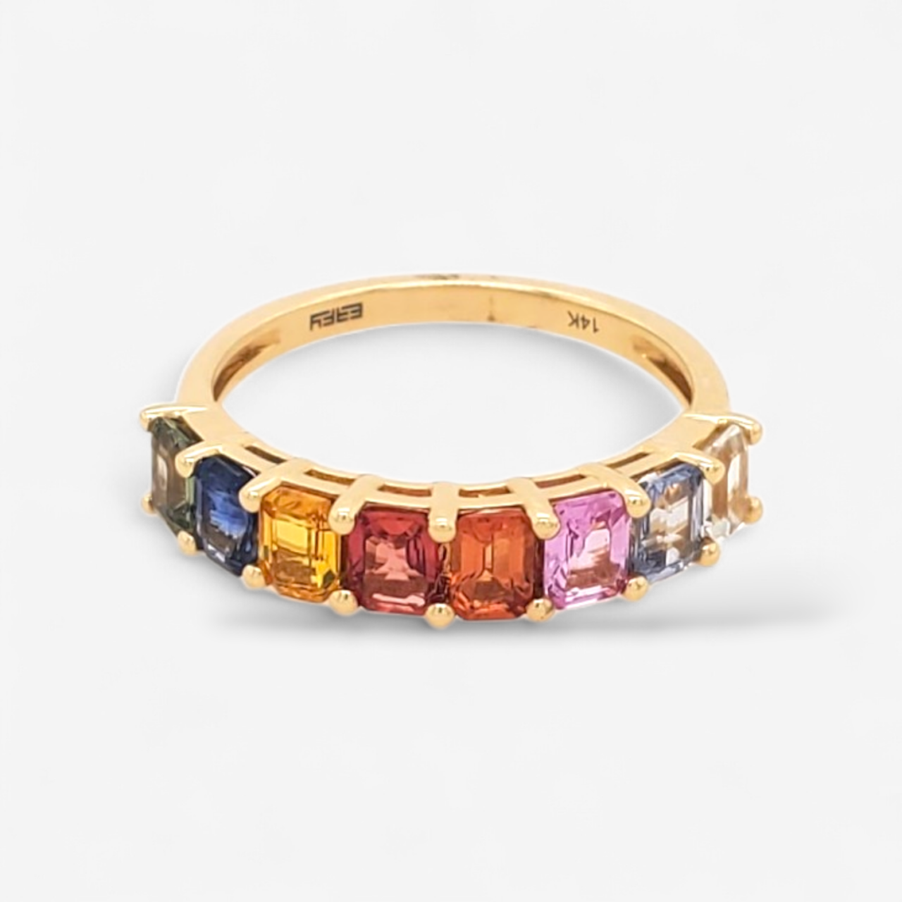 Anillo (4.2 mm) Cintillo Churumbela Zafiros Multicolores Corte Esmeralda (2.06 Ct) - Oro Amarillo 14Kts