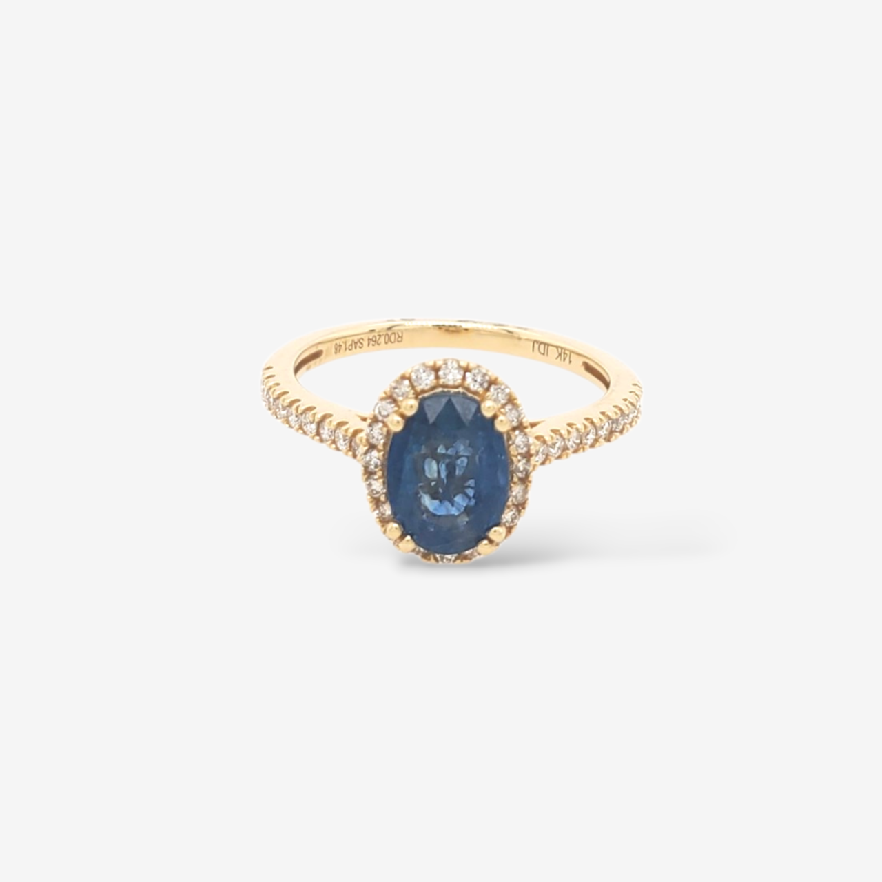 Anillo (1.35 Ct) Zafiro Azul Oval c/ Halo & Aro Diamantes Pave (0.26 Ct) - Oro Amarillo 14Kts