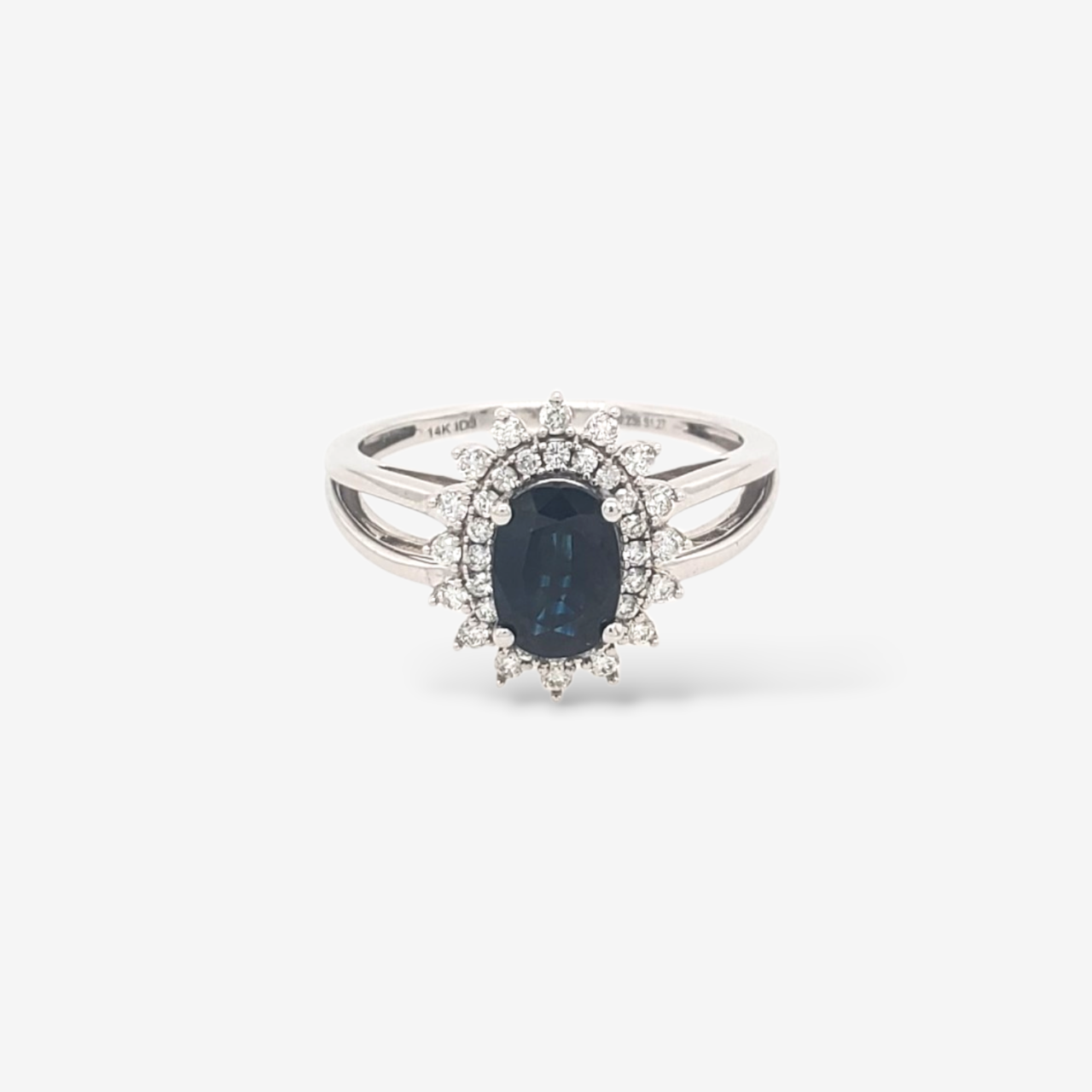 Anillo (1.25 Ct) Zafiro Azul c/ Doble Halo Diamantes (0.25 Ct) - Oro Blanco 14Kts