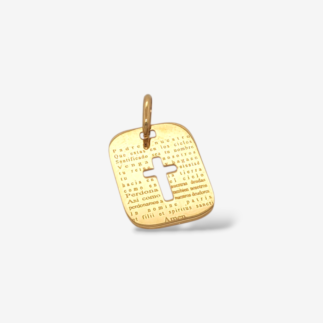 Dije (12 x 17 mm) Placa Pequena c/ Cruz Calada & Oracion del Padre Nuestro Grabada - Oro Amarillo 18Kts