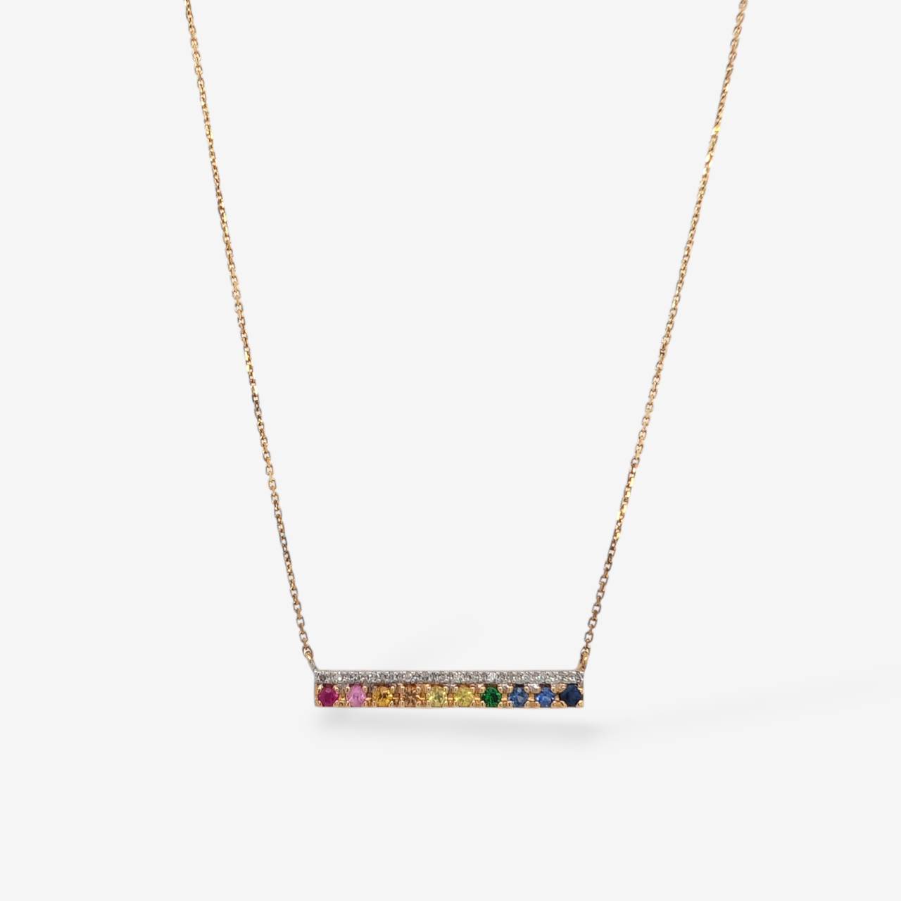 Cadena (0.50 Ct) Fina c/ Barra Recta Rainbow de Zafiros Multicolores & Diamantes Pave - Oro Amarillo 14Kts
