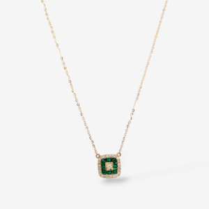 Cadena (45 cm) Fina Cable c/ Dije Cuadrado Esmeraldas (0.33 Ct) & Diamantes (0.17 Ct) - Oro Amarillo 14Kts
