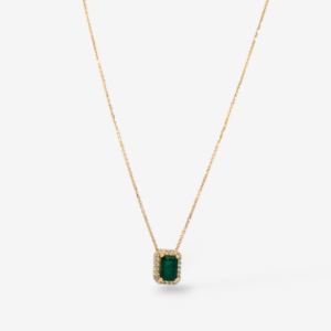 Cadena (40 cm) Fina Cable c/ Esmeralda Rectangular (0.65 Ct) c/ Halo Diamantes Naturales - Oro Amarillo 18kt