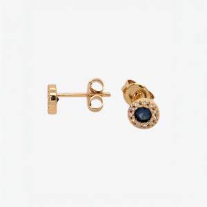 Zarcillos (0.08 Ct) Post Zafiro Azul Redondo c/ Halo de Diamantes (5.5 mm) - Oro Amarillo 14Kts