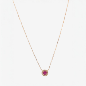 Cadena (45 cm) Fina Cable c/ Rubi Redondo (0.14 Ct) & Halo de Diamantes c/ Cierre Spring - Oro Amarillo 14Kts