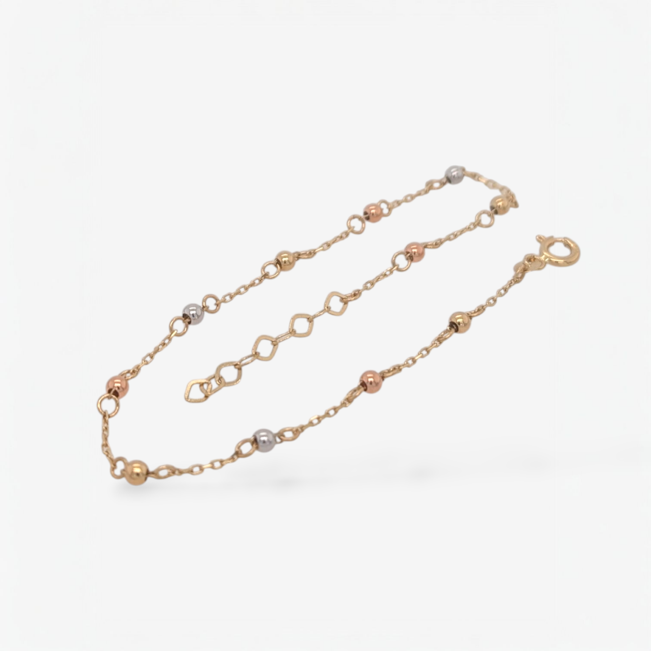 Brazalete (19.5 cm) Tejido Cable c/ Esferas Lisas c/ Cierre Spring - Oro Tres Tonos 14kt