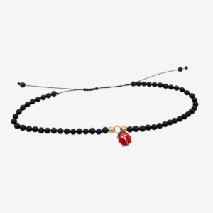 Brazalete Hilo Negro c/ Esferas Negras & Ladybug c/ 4 Esferas (3 mm) - Oro Amarillo 14Kts