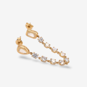 Zarcillo (5.5 cm) Unitario Doble c/ Tennis de Diamantes Labgrown & Rectangular Moisanitte Biselado - Oro Amarillo 18Kts