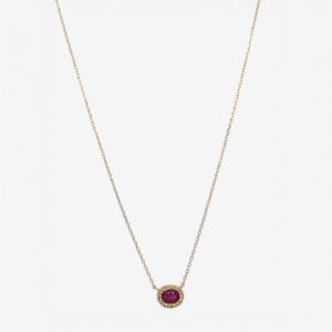 Cadena (45 cm) Cable Fina c/ Rubi Oval (0.28 Ct) & Halo Diamantes (0.03 Ct) c/ Cierre Spring - Oro Amarillo 14Kts