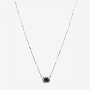 Cadena (45 cm) Fina Cable c/ Zafiro Azul (0.18 Ct) & Halo de Diamantes (0.03 Ct) c/ Cierre Spring - Oro Blanco 14Kts