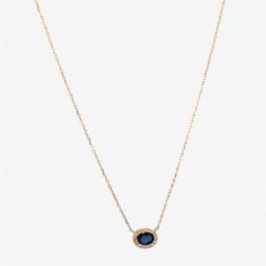Cadena (45 cm) Cable Fina c/ Zafiro Azul Oval (0.23 Ct) & Halo Diamantes c/ Cierre Spring - Oro Amarillo 14Kts