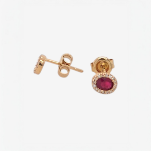 Zarcillos (0.40 Ct) Post Rubies Ovales (5 x 6 mm) c/ Halo de Diamantes Naturales (0.06 Ct) - Oro Amarillo 14Kts