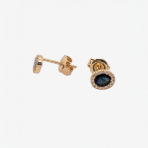 Zarcillos (0.52 Ct) Post Zafiros Ovales (5 x 6 mm) c/ Halo Diamantes Naturales (0.07 Ct) - Oro Amarillo 14Kts