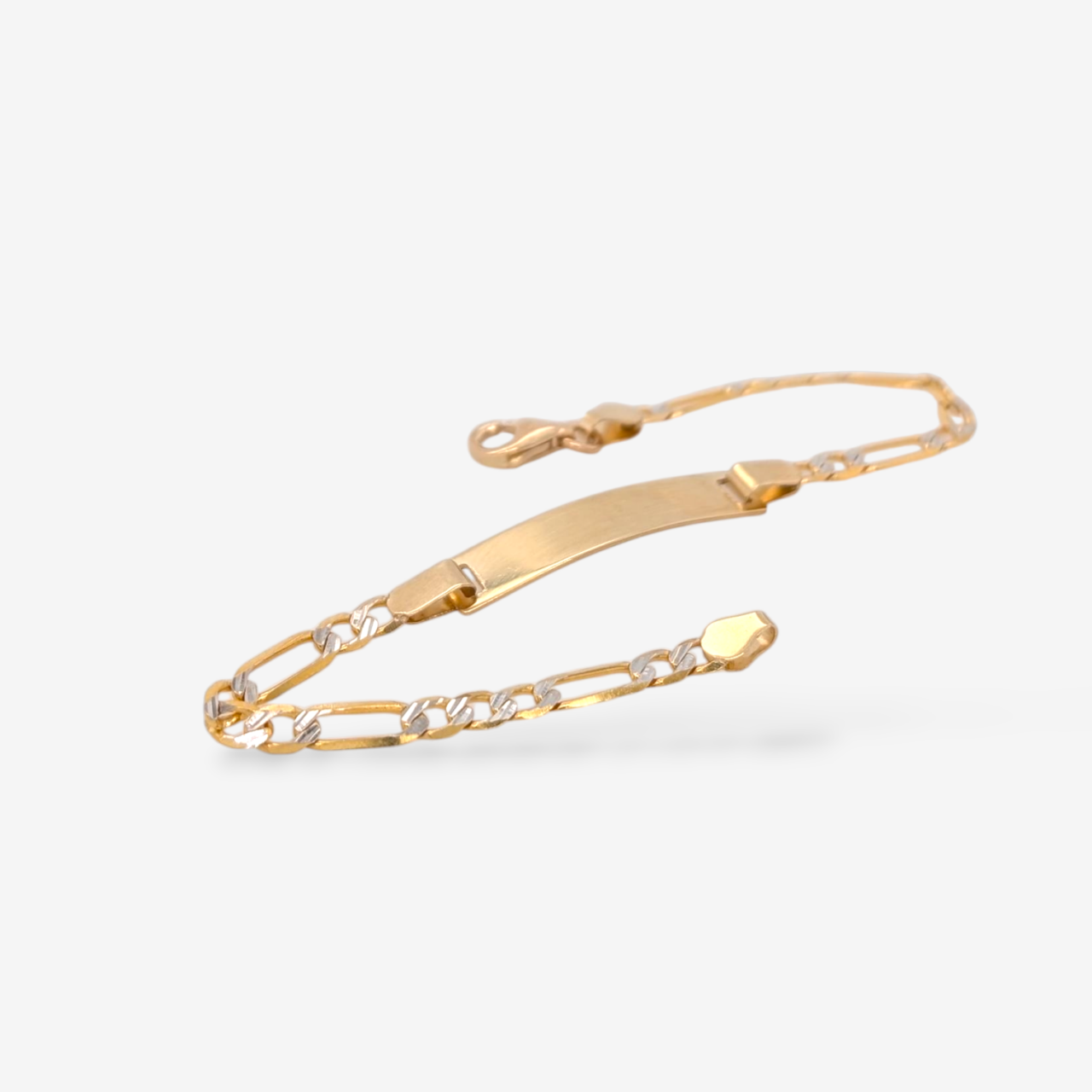 Brazalete (14 cm) Esclava Placa ID Tejido Figaro Diamantado (25 x 5 mm) c/ Cierre Lobster - Oro Amarillo 14Kts