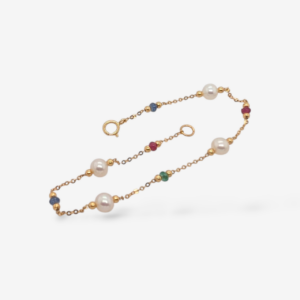 Brazalete (17.5 cm) Cadena Fina Cable c/ Perlas Cultivadas (5mm) & Gemas Preciosas c/ Cierre Spring - Oro Amarillo 18Kts