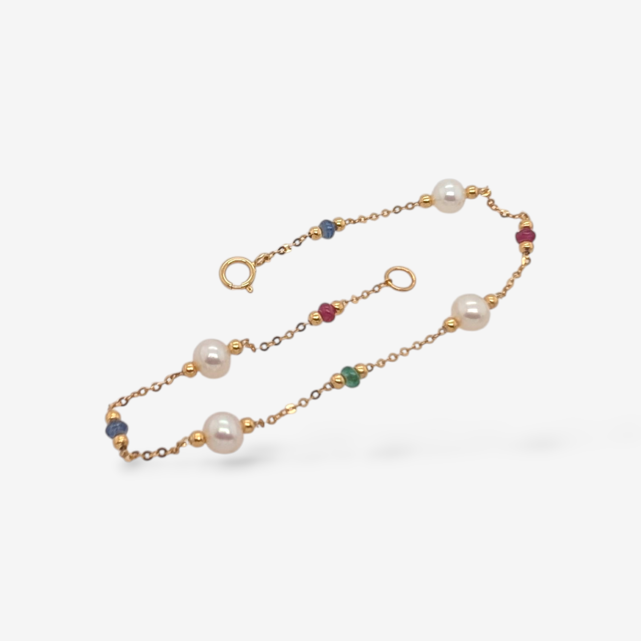Brazalete (17.5 cm) Cadena Fina Cable c/ Perlas Cultivadas (5mm) & Gemas Preciosas c/ Cierre Spring - Oro Amarillo 18Kts