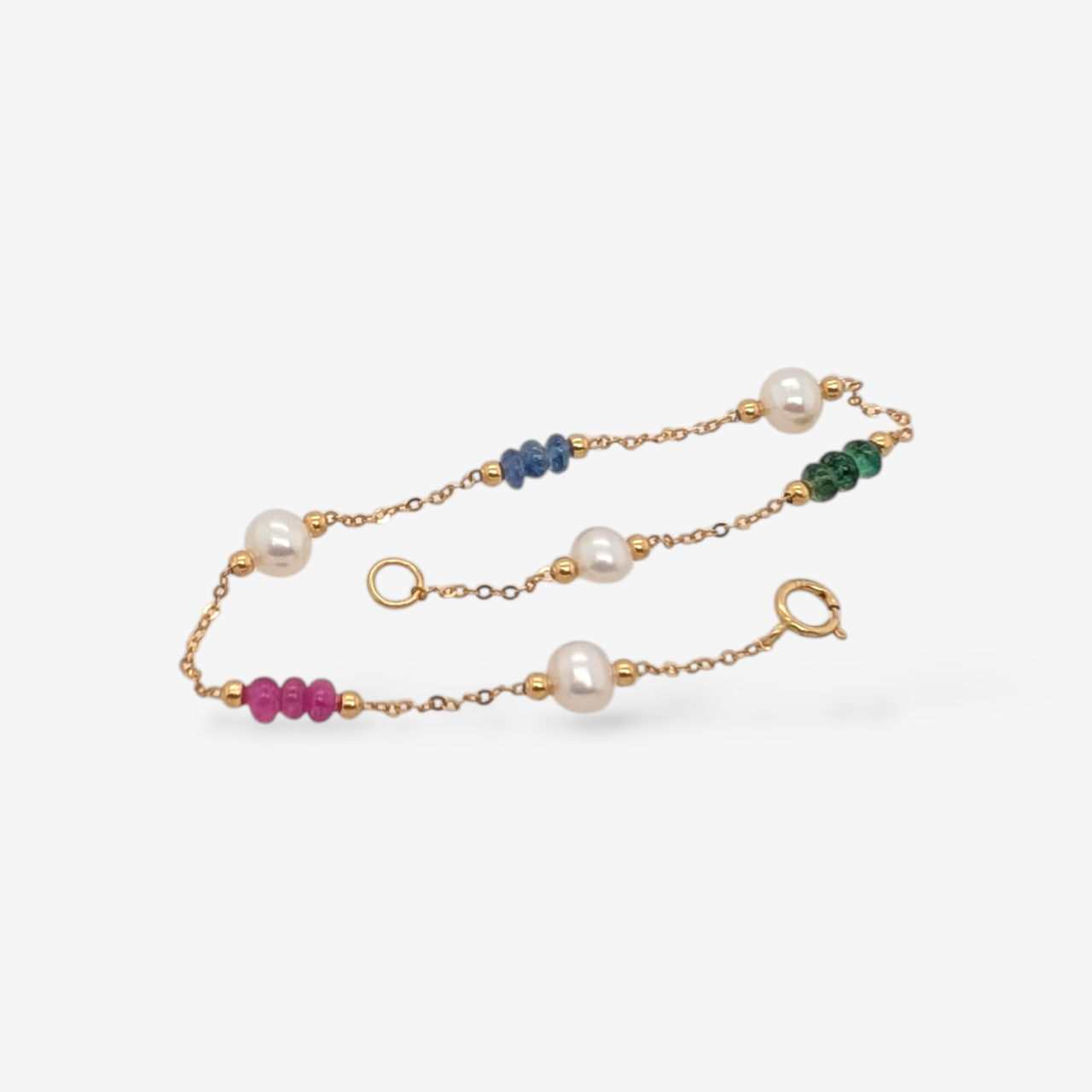 Brazalete (17.5 cm) Cadena Fina Cable c/ Perlas (5mm) & Gemas Preciosas c/ Cierre Spring - Oro Amarillo 18Kts
