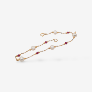 Brazalete (18.5 cm) Cadena Fina Cable c/ Perlas Cultivadas (5mm) & Rubíes c/ Cierre Spring - Oro Amarillo 18Kts