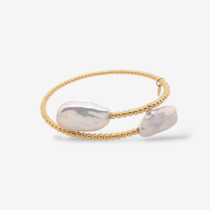 Pulsera (16 cm) Bangle Abierto Flexible c/ Esferas (2mm) & Terminales Perlas Barrocas - Oro Amarillo 18Kts