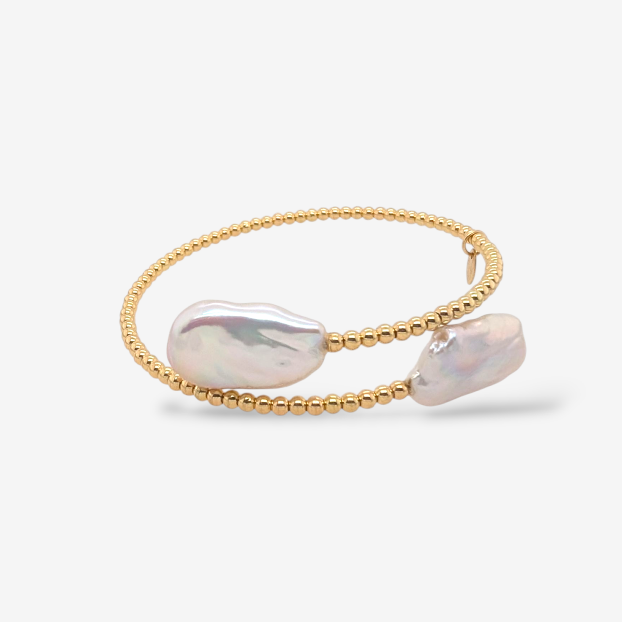 Pulsera (16 cm) Bangle Abierto Flexible c/ Esferas (2mm) & Terminales Perlas Barocas - Oro Amarillo 18Kts