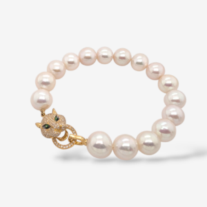 Brazalete (19 cm) Perlas Cultivadas (10mm) c/ Cierre Pantera Diamantes Pavé Naturales & Ojos Tsavorites Verde - Oro Amarillo 18Kts