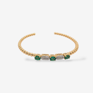 Pulsera (16 cm) Bangle Flexible Abierta c/ 3 Esmeraldas Ovales & Dos Óvalos Diamantes Redondos/Baguettes Esferas (3mm) - Oro Amarillo 18Kts