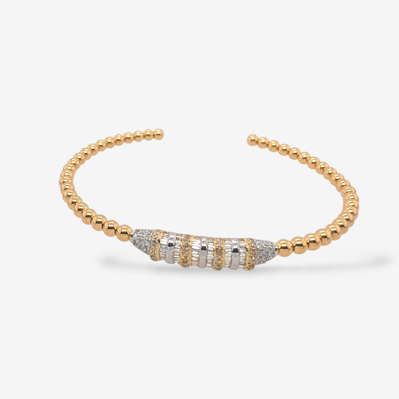 Bangle Pulsera (16 cm) Flexible Abierta Esferas (3mm) c/ Diamantes Redondos & Baguettes Diseño Art Deco Naturales - Oro Amarillo 18Kts