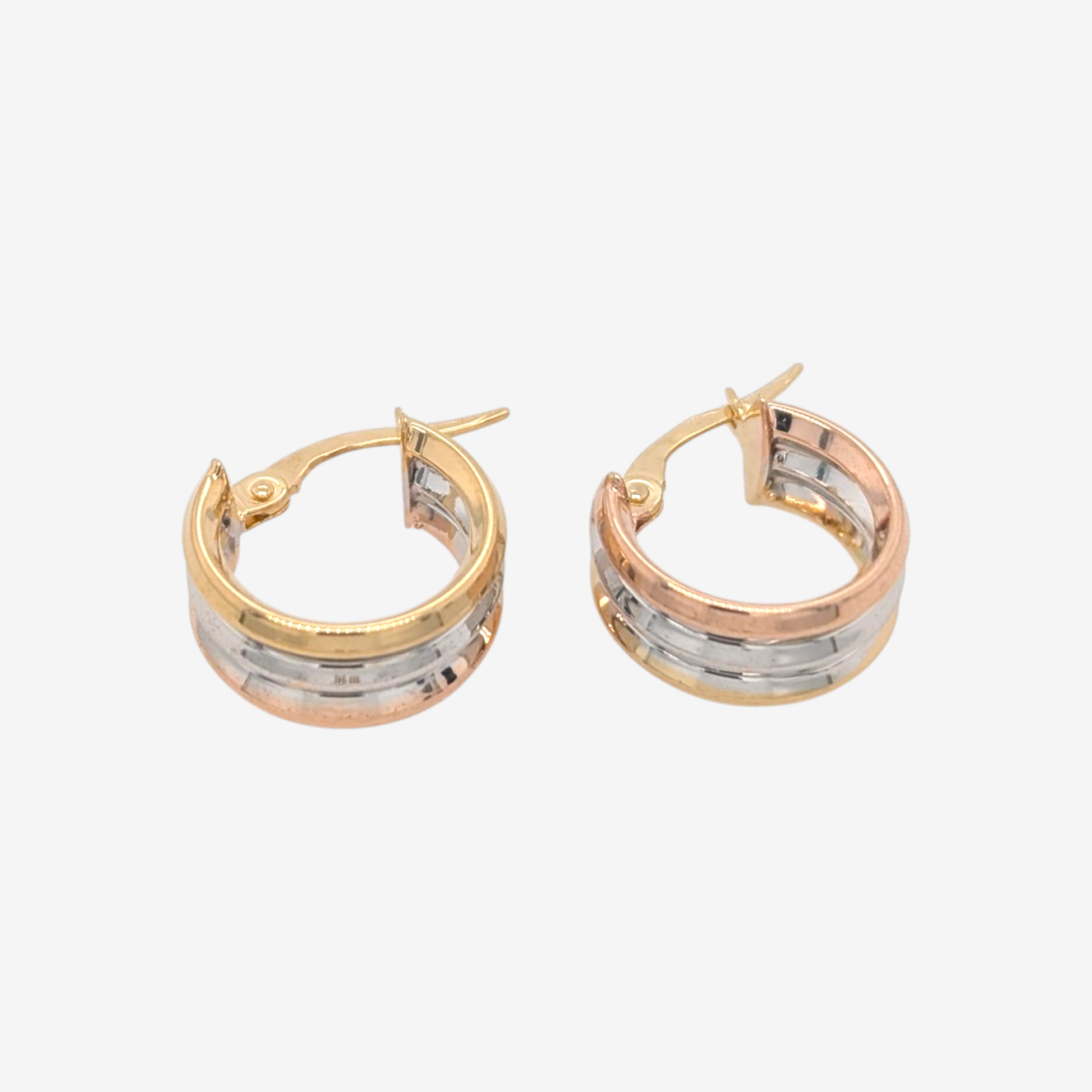 Zarcillos (14 mm) Argollas Acanaladas Anchas (14 mm) - Oro Tres Tonos 14Kts