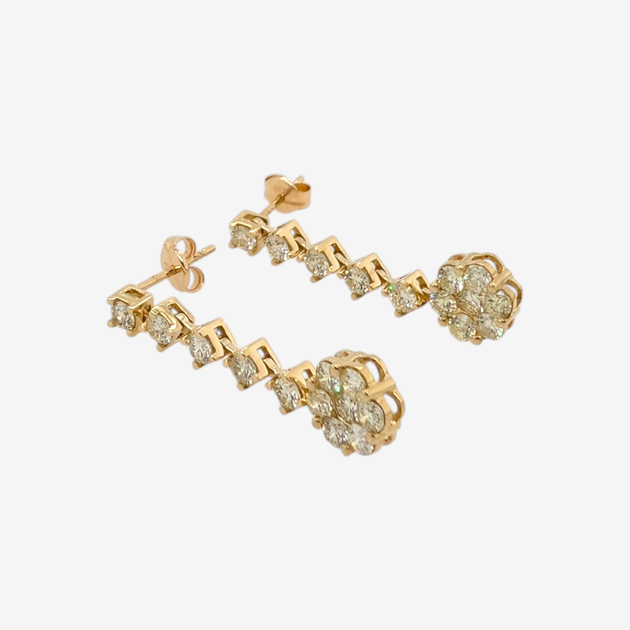 Zarcillos (30 mm) Largos Diamantes Naturales Articulados (1.50 Ct) c/ Flor Terminal en Diamantes - Oro Amarillo 14Kts