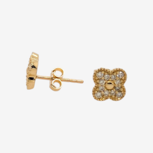Zarcillos (9 x 9 mm)  Post Trébol c/ Diamantes Naturales Pavé (0.28 Ct) - Oro Amarillo 14Kts